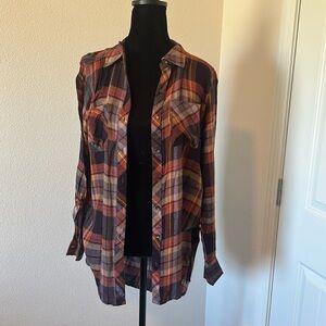 Maurices Plaid Button Down Shirt - Black, Red, Orange
